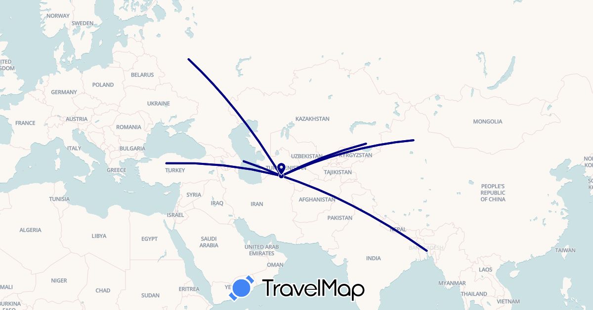 TravelMap itinerary: driving in Azerbaijan, Bangladesh, China, Kazakhstan, Russia, Turkmenistan, Turkey (Asia, Europe)