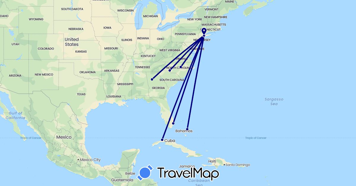 TravelMap itinerary: driving in Bahamas, Cuba, United States (North America)