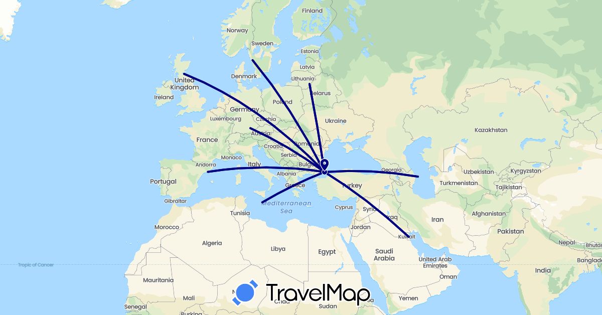 TravelMap itinerary: driving in Azerbaijan, Germany, Spain, United Kingdom, Kuwait, Lithuania, Malta, Sweden, Turkey (Asia, Europe)