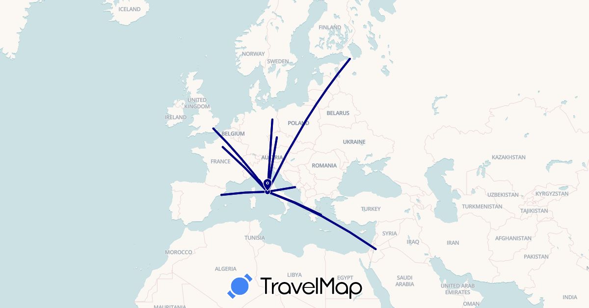 TravelMap itinerary: driving in Czech Republic, Germany, Spain, France, United Kingdom, Greece, Croatia, Italy, Jordan, Russia (Asia, Europe)